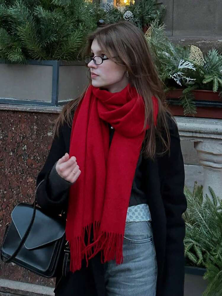1 Pieza 35*180cm Elegante Bufanda De Pashmina De Unicolor De Alta Calidad Con Flecos Para Mujeres, Chal De Angora Rojo Casual Y A Prueba De Viento Adecuado Para Uso Diario, Otoño/Invierno | SHEIN