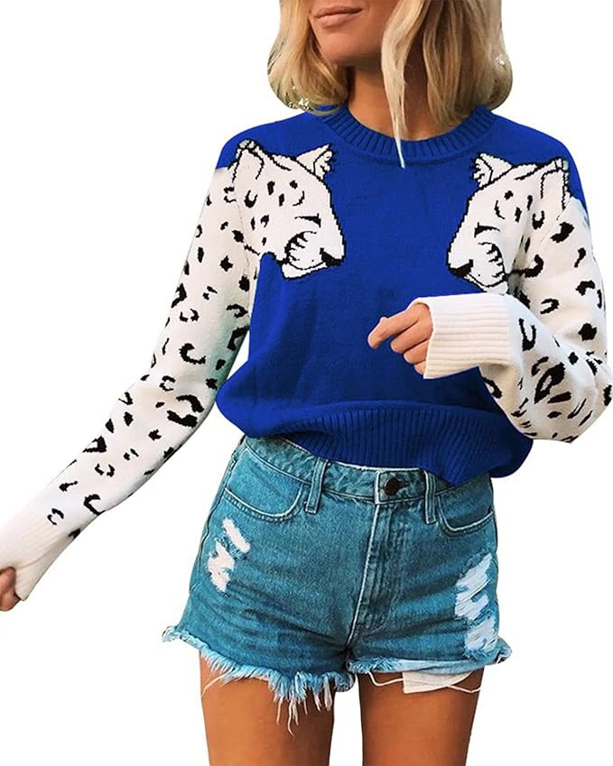 Mansy Women's Casual Long Sleeve Crew Neck Cute Animal Leopard Print Knitted Pullover Sweater Top... | Amazon (US)