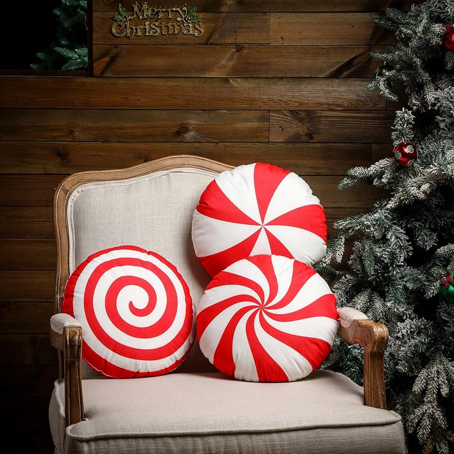 Kigley 3 Pcs Christmas Candy Cane Throw Pillow Red White Round Spiral Lollipop Pillow Xmas Home G... | Amazon (US)