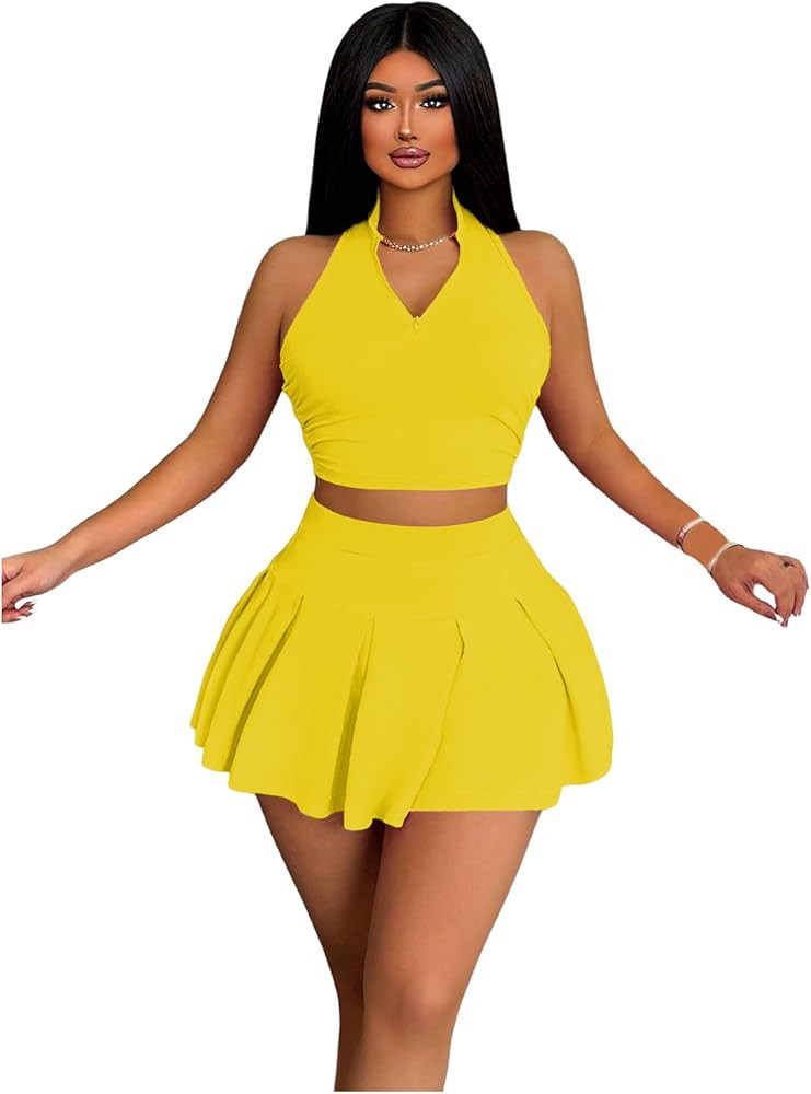 Women's 2 Piece Tennis Skirt Set Sleeveless Racerback Crop Tank Tops High Waisted Pleated Mini Sk... | Amazon (US)