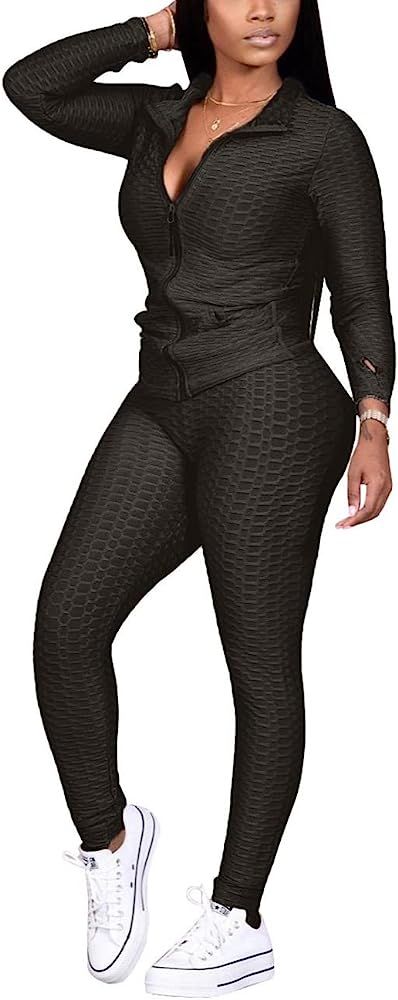 Jogging Suits for Women, Textured 2 Piece Outfit Long Sleeve Full Zip Jacket Skinny Pants Tracksu... | Amazon (US)
