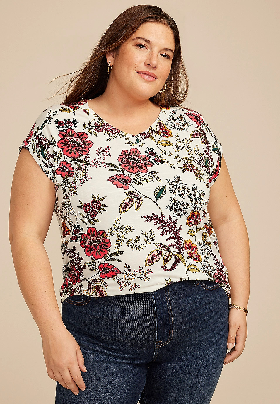 Plus Size 24/7 Berkley Floral V Neck Short Sleeve Tee | Maurices
