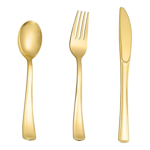 N9R 200pcs Gold Plastic Silverware - Disposable Gold Plastic Silverware Cutlery Set, 100 Gold Forks, 50 Gold Spoons, 50 Gold Knives for Party, Birthday, Wedding | Amazon (US)