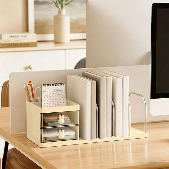 Desktop Book Organizer With 2 Clear Drawers and Pen Cup Plastic Steel Desk Storage Box for Books ... | Walmart (US)