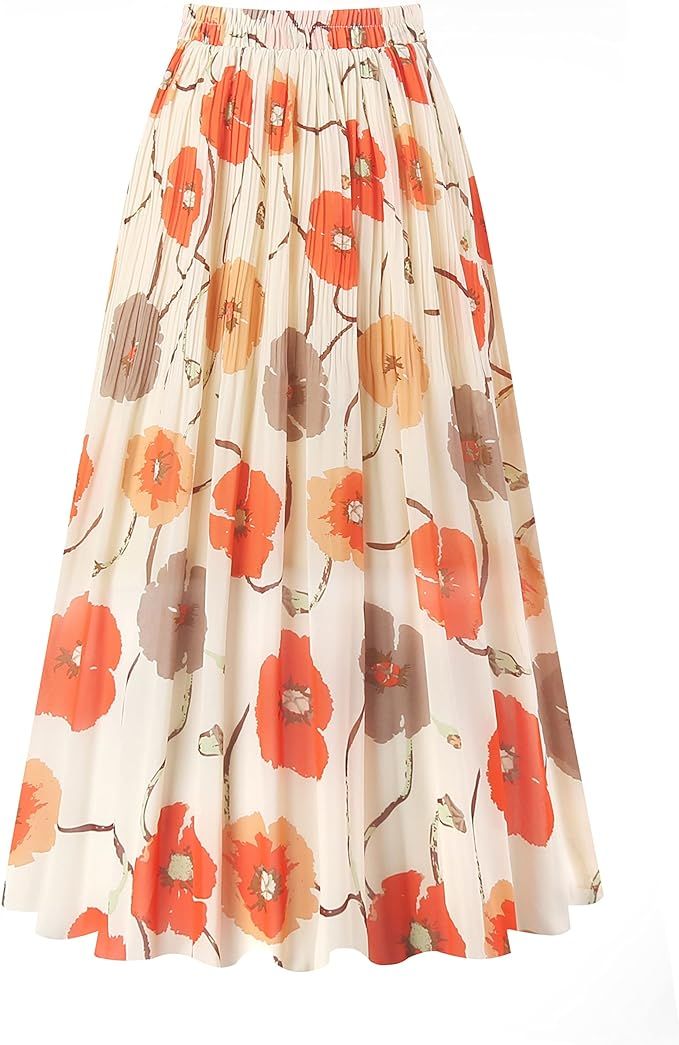 Kingfancy Women's Pleated Skirt Chiffon Elastic Waist A-Line Midi Length Skirt New | Amazon (US)