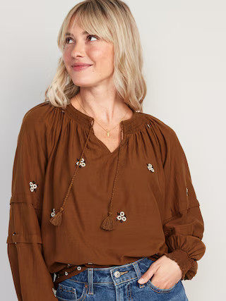 Floral-Embroidered Smocked Tie-Neck Long-Sleeve Top for Women | Old Navy (US)