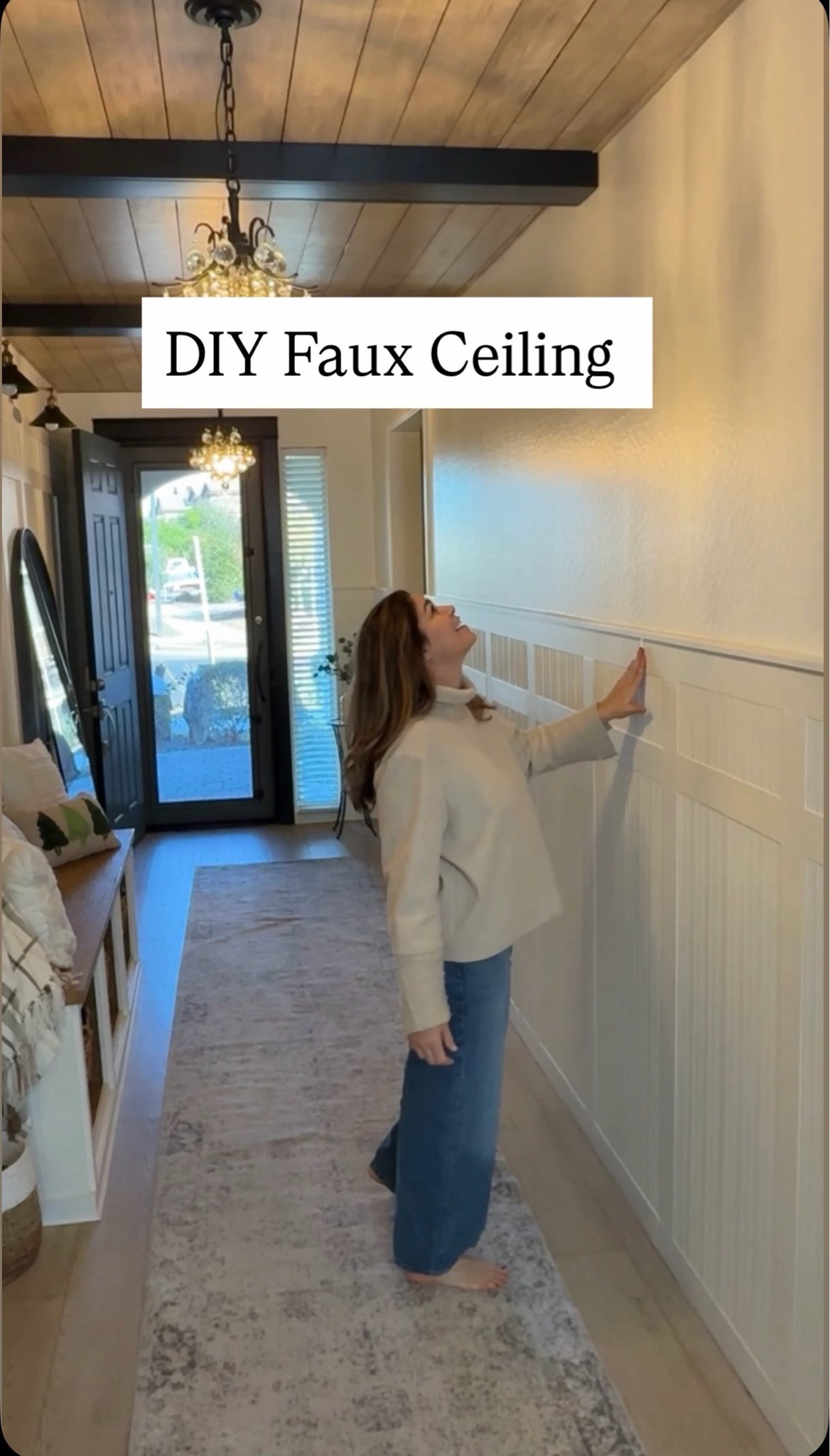 DIY Ceiling Project:
I transformed my ceiling using ¼" plywood planks, and made my own finish using paint  & decorative glaze. Here's exactly what I used:
• Base color: Sand Fossil (Glidden, PPG1098-3 Home Depot)
• Decorative glaze: Java
Brown by Rustoleum
• Top coat: General Finishes
Water-Based High
Performance (Satin)
• Shadow paint between planks: Espresso Beans by Behr
• Brad nailer and all tools linked too!