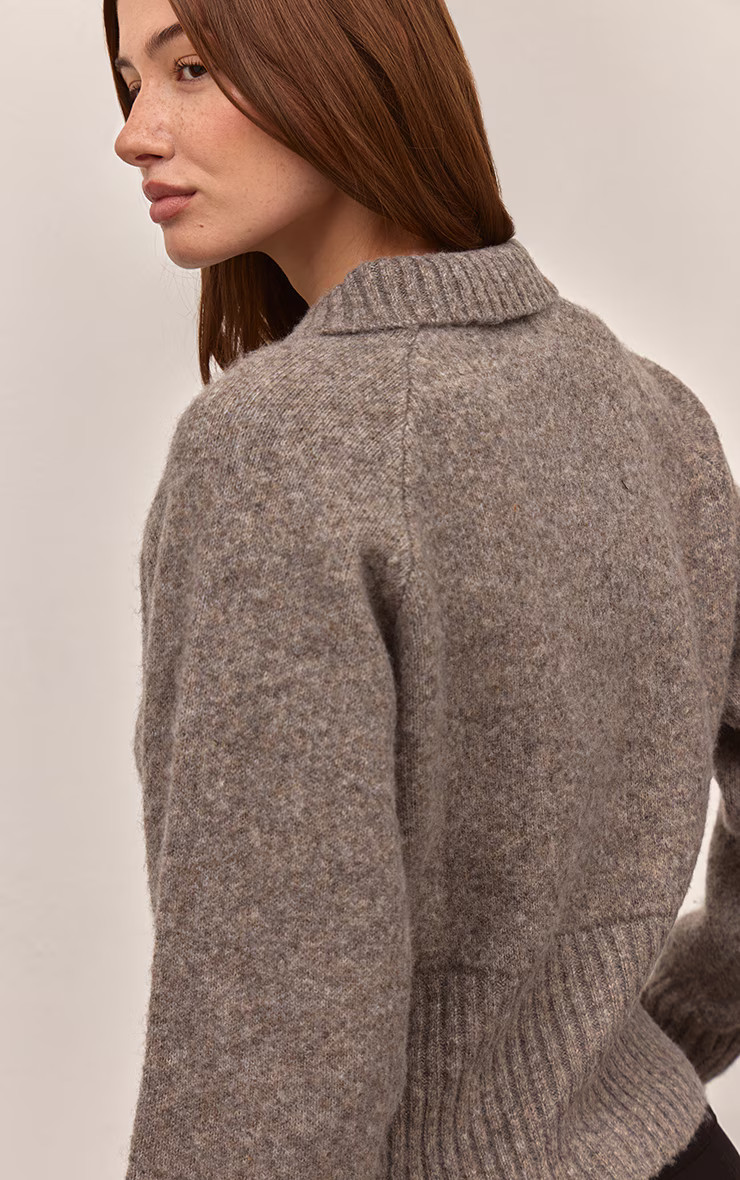 Taupe Collared Waist Detail Knitted Cardigan | PrettyLittleThing UK