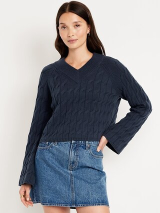 Wool-Blend V-Neck Cable Cropped Sweater | Old Navy (US)