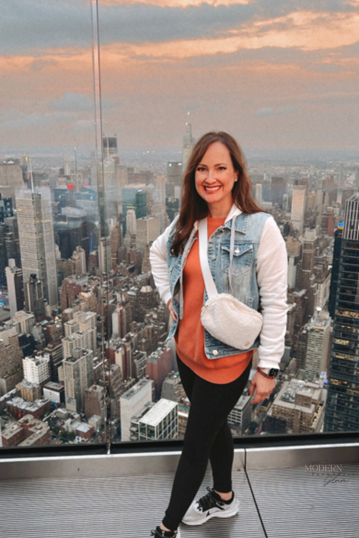 Fall outfit worn by Modern Farmhouse Glam in NYC. Jean jacket, orange sweater, Lululemon bag, Fall outfit. Size small TTS OOTD

#LTKfindsunder50 #LTKitbag #LTKstyletip