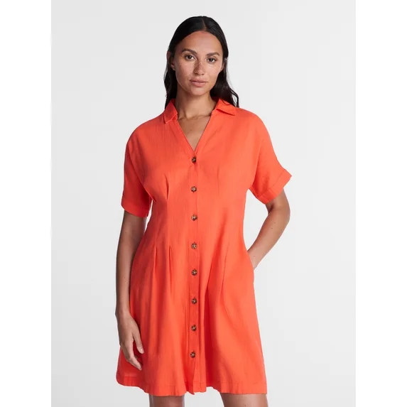 Time and Tru Women's Linen Pleated Waist Fit And Flare Mini Shirt Dress, Sizes XS-XXXL | Walmart (US)