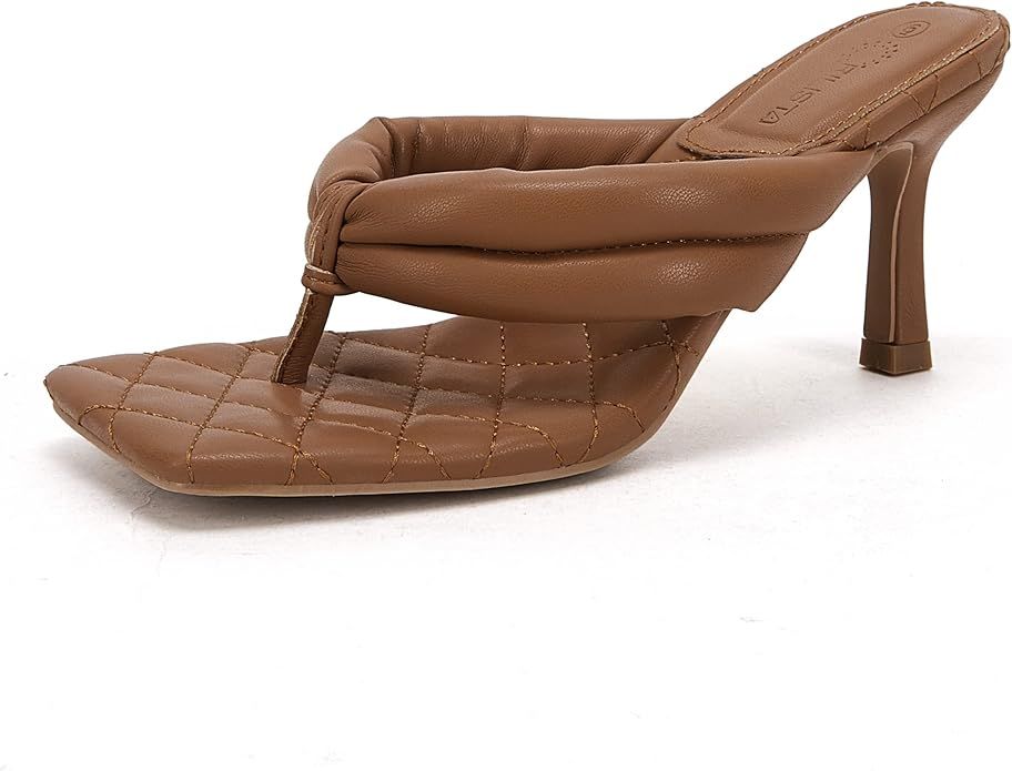 Rilista Women's Thong Heels Sandals Quilted Slip On Mules Square Open Toe Kitten Heeled Flip Flop... | Amazon (US)