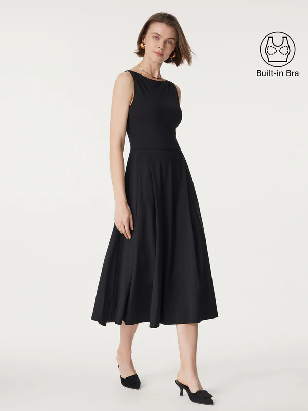 Boatneck Bamboo Ponte Brami Midi Dress with Pockets | OGLmove
