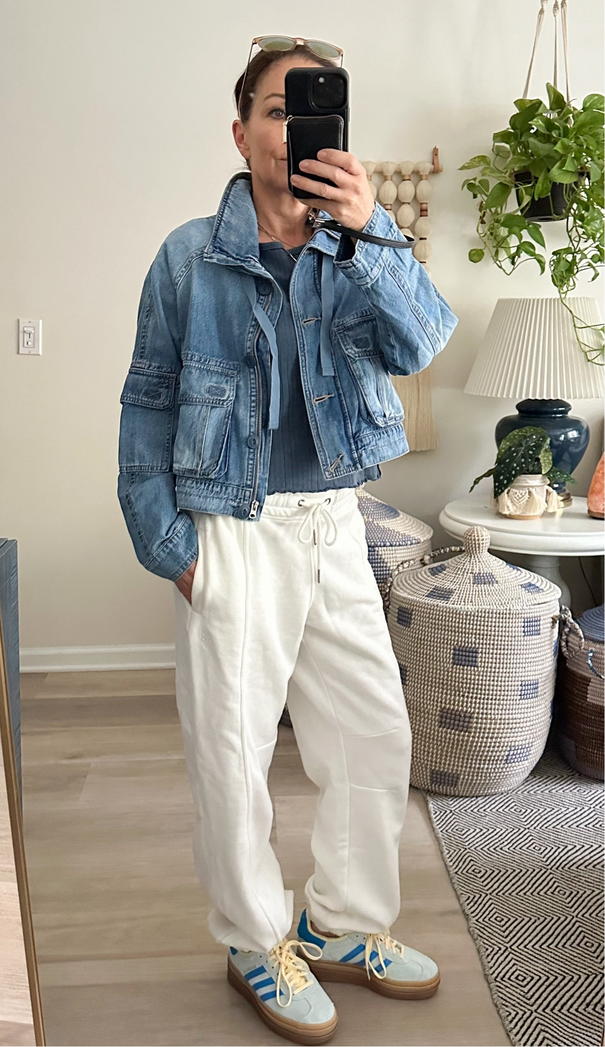 Perfect comfy active spring outfit for daily wear and as a travel outfit. This is also my favorite new Jean jacket | sneakers | sweatpants | 

#LTKtravel #LTKover40 #LTKActive