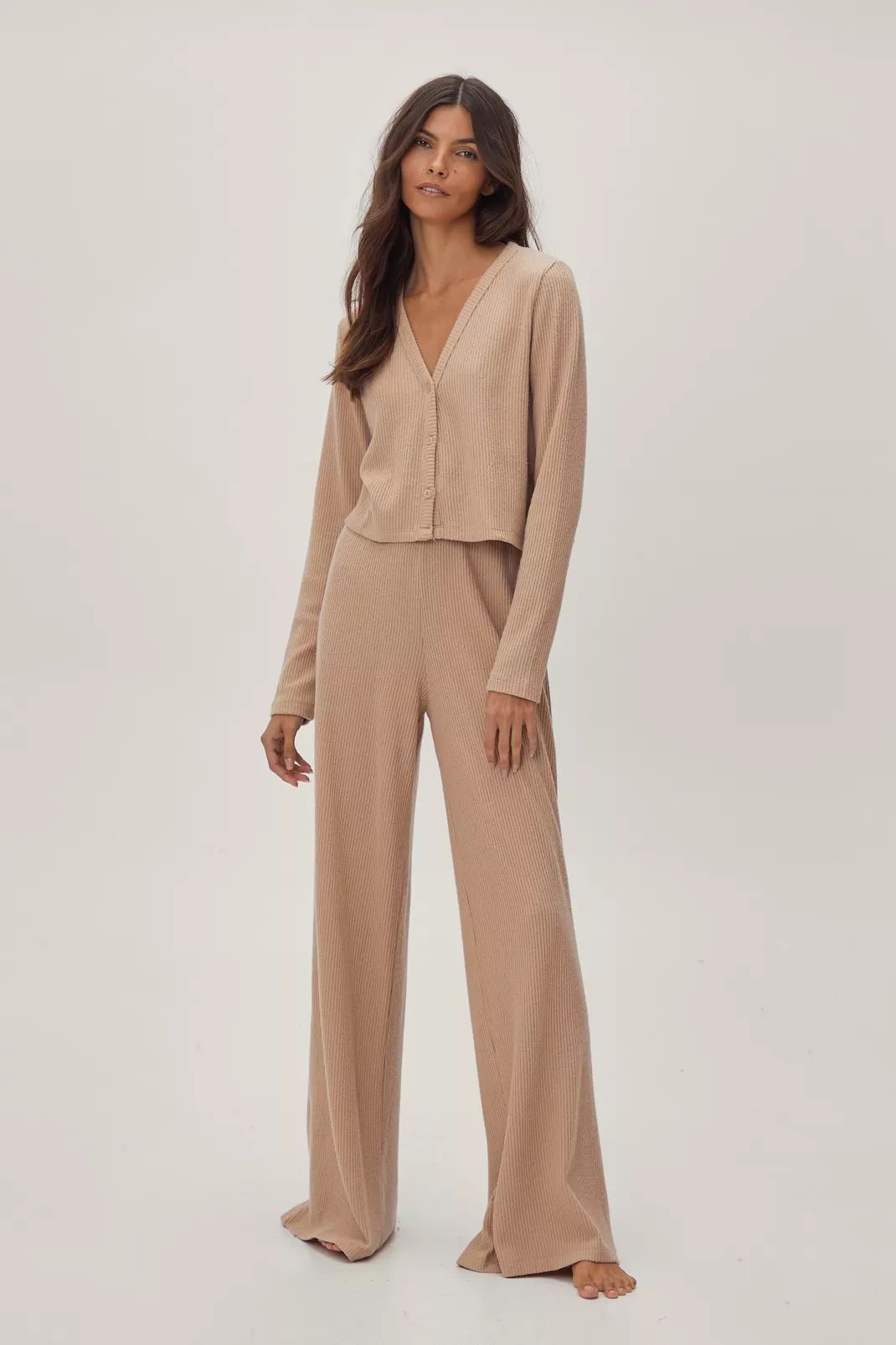 Ribbed V Neck Cardigan Pants Lounge Set | NastyGal (UK, IE)