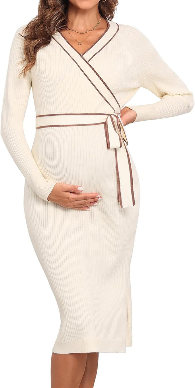 V FOR CITY Womens Maternity Sweater Dress Long Sleeve Wrap V Neck Knit Pregnancy Dresses for Baby... | Amazon (US)