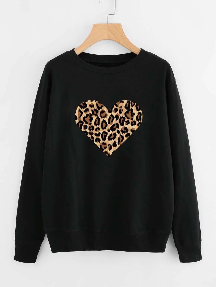 Leopard Heart Print Drop Shoulder Sweatshirt | SHEIN
