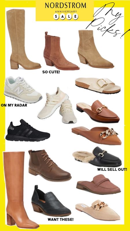 Nordstrom Anniversary Sale has all the shoes you need for Autumn Winter fashion. From western style boots, knee high boots, riding boots, ankle booties, gold buckle mules, Birkenstock sandals, new balance sneakers, Steve Madden and more. Theres countless color options too. Some of my picks are here - I love the Chelsea boots and combat style boots too! Cognac boots, knee high boots, black leather boots, studded boots, white western style boots, tan suede boots, suede knee high boots, ankle boots, mules, Oxford shoes, trendy fall shoes, winter shoes 

#LTKsalealert #LTKxNSale #LTKshoecrush
