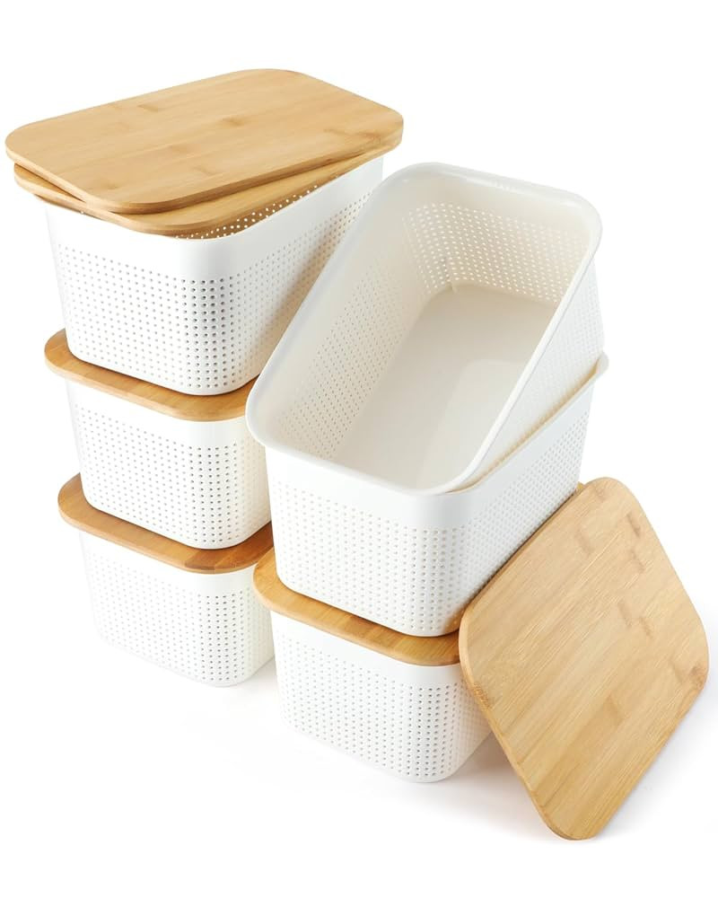 AREYZIN Plastic Storage Bins with Bamboo lids and Stackable Storage Baskets for Shelves - Organiz... | Amazon (US)