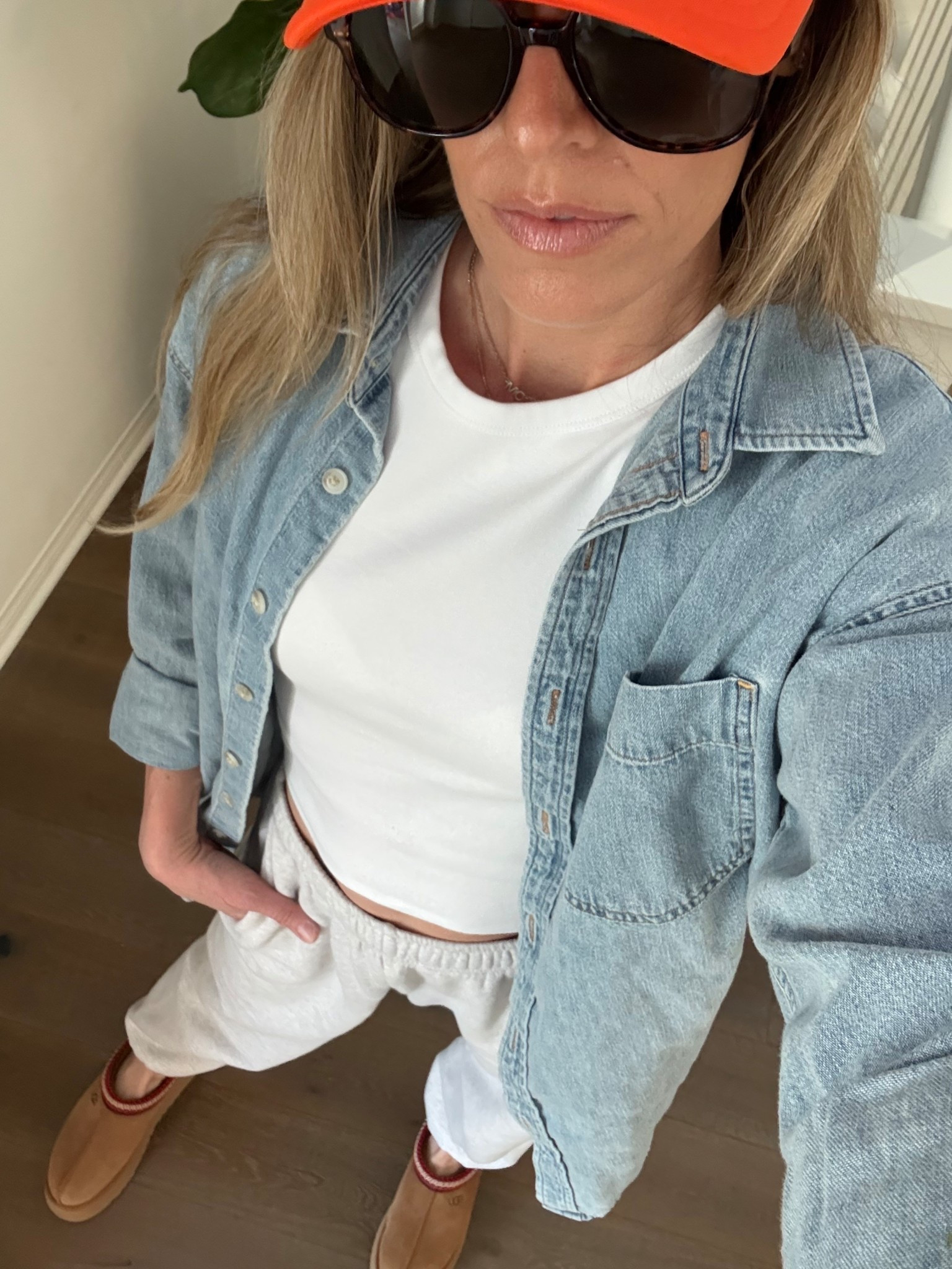 Outfit of the day for a day of Mommin 👦🏼👦🏻👧🏼 School dropoff, grocery run, Target pick up & wherever else the wind blows us! This denim Aritzia top is my new fave 👌 It’s surprisingly comfy for a denim shirt! I sized up to a medium. Hat is Mommday i linked a similar option. 

Aritzia, Aerie, loungewear, denim shirt, jogger sweatpants, mom style, mom outfits, school drop off outfit, running errands outfit, Ugg Tazz slippers, easy comfy outfits, fall outfits, white tshirt outfit 

#LTKFindsUnder50 #LTKootd #LTKmomlife