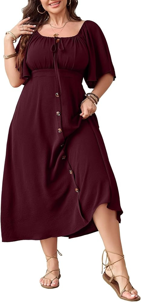 Plus Size Summer Dress Short Sleeve Square Neck Tie Front Smocked Button Down Flowy A-line Boho M... | Amazon (US)