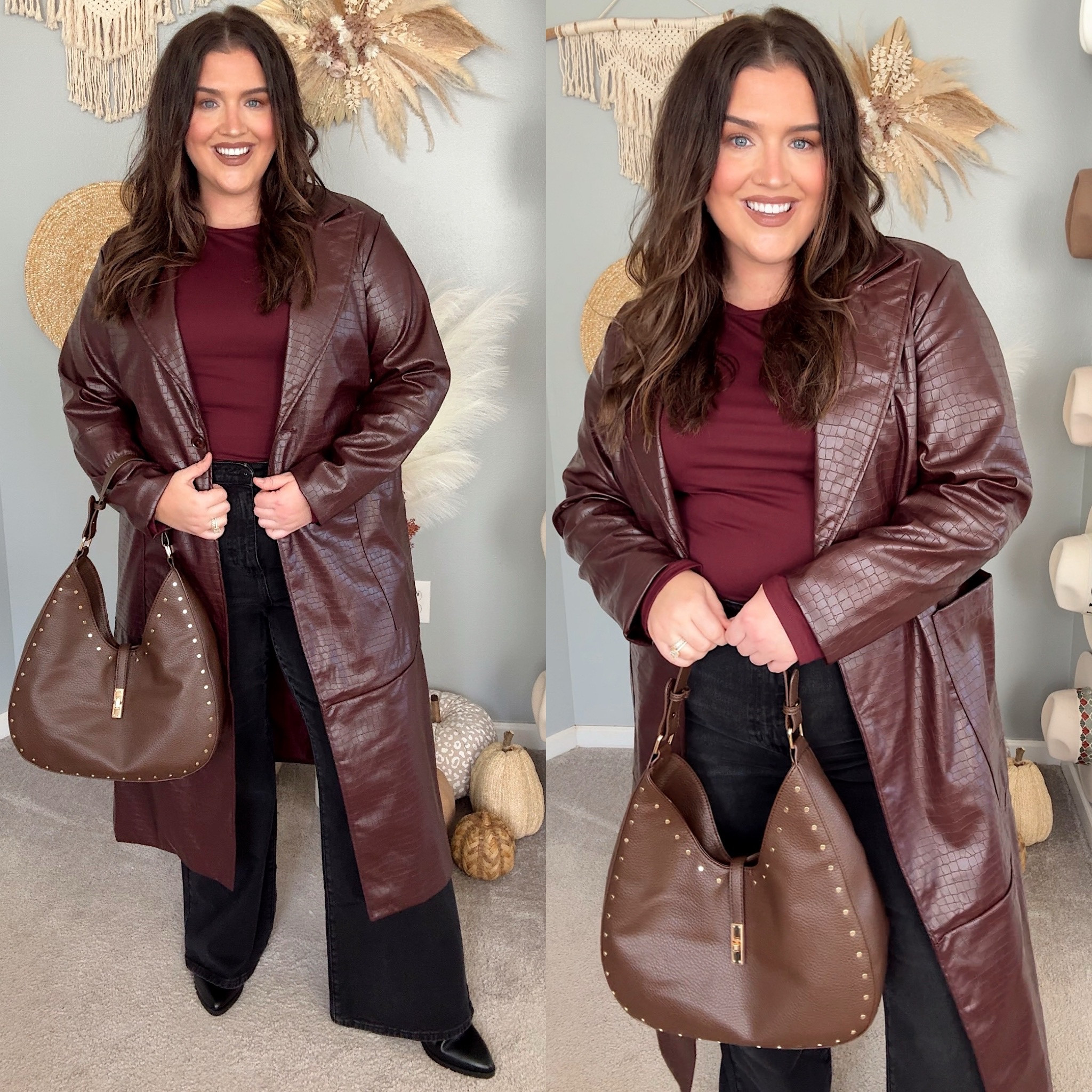 Chic date night outfit 🤎🍷 Shades of burgundy. Long sleeve shirt, black flare jeans, faux leather croc trench coat, booties, purse 
Top: XXL
Jacket: XXL (exact from Target, sold out, linking similar)
Denim: 18

#LTKPlusSize #LTKSeasonal #LTKStyleTip