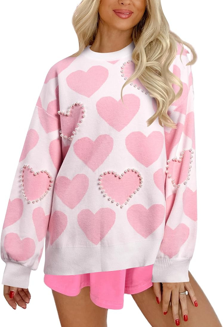 UNIQUEONE Valentines Sweater Women Love Sweatshirt Heart Graphic Knit Sweaters Valentine Day Over... | Amazon (US)