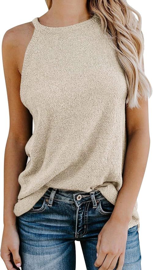 Tutorutor Womens Sleeveless Halter Sweater Vest Summer Fall Loose Knitted High Neck Cami Tank Top... | Amazon (US)