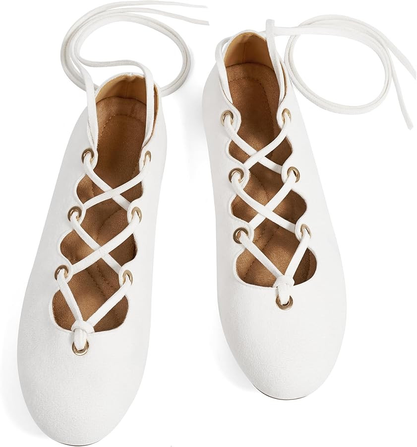 Womens Ballet Flats Comfortable Soft Suede Round Toe Casual Retro Lace-Up Flat Shoes | Amazon (US)