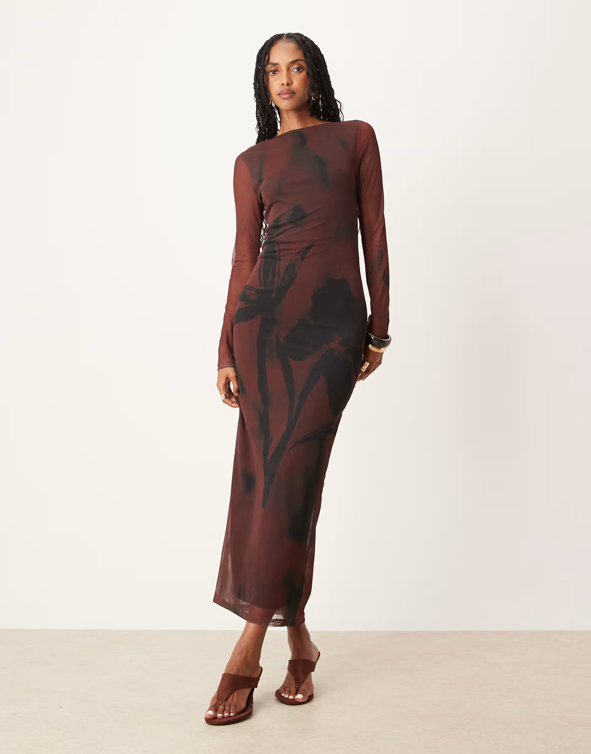 ASOS DESIGN mesh long sleeve midi dress in chocolate flower print | ASOS | ASOS (Global)