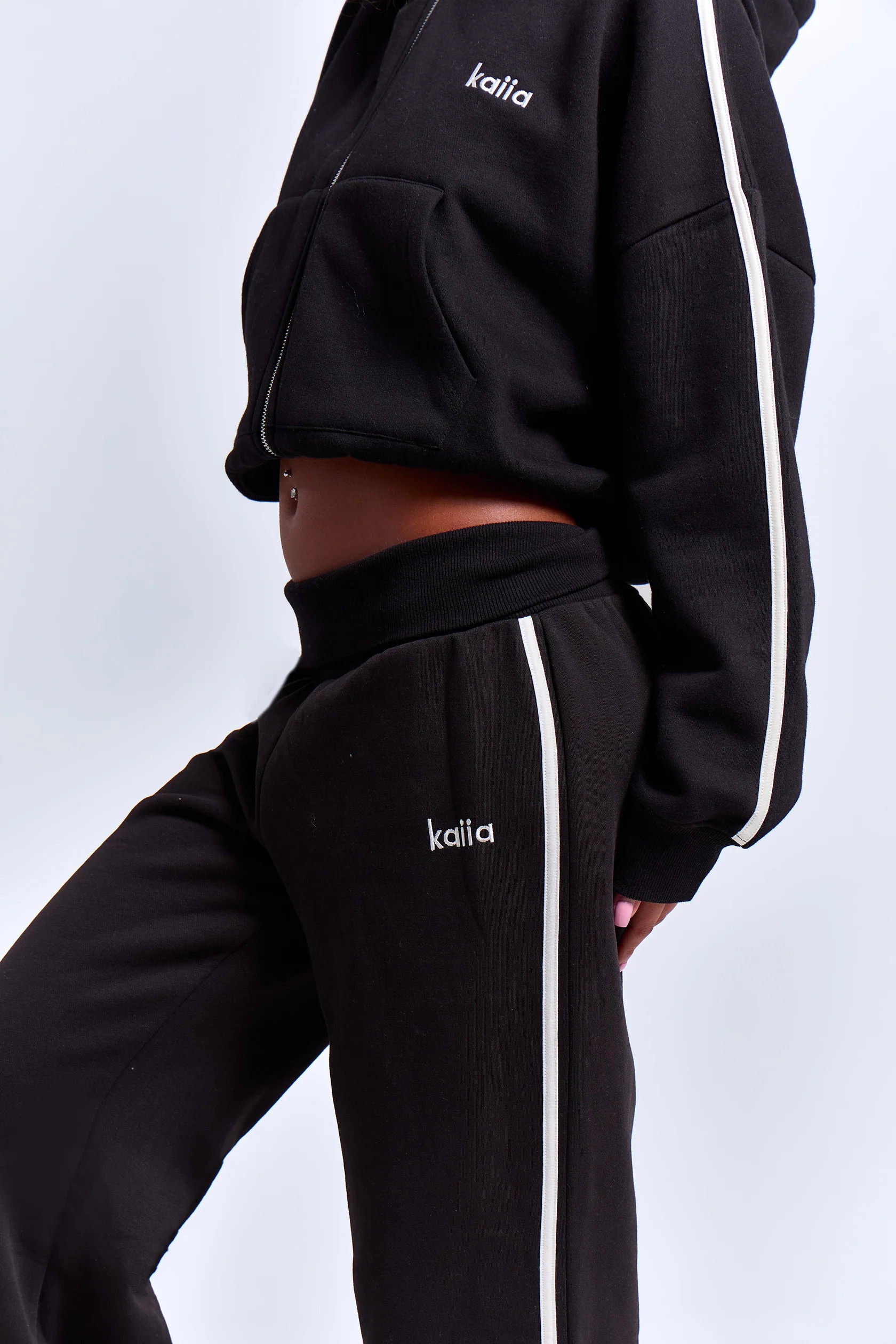 Kaiia Striped Foldover Wide Leg Joggers Black & White | Kaiia the Label