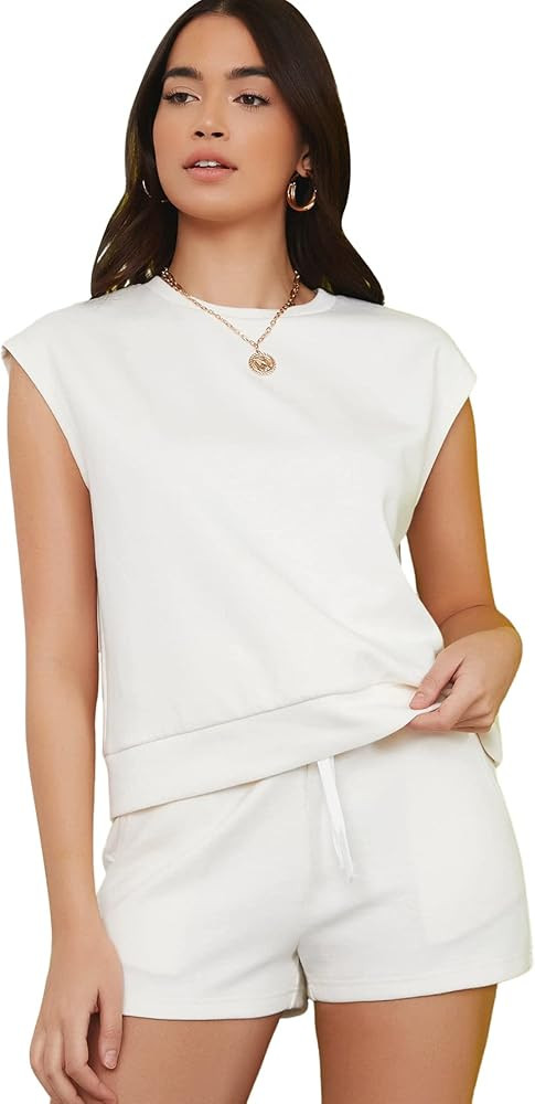 Verdusa Women's 2 Piece Outfit Tracksuit Cap Sleeve Tee Top and Track Short Set | Amazon (US)