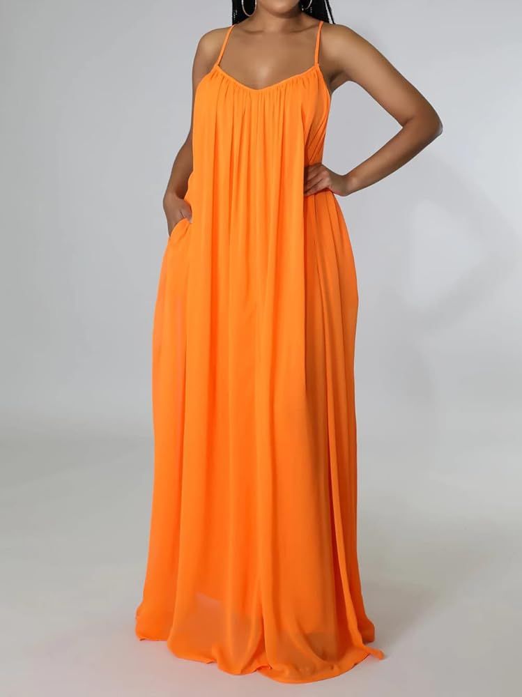 Hoefirm Women's Casual Dress Summer Beach Chiffon Loose Spaghetti Strap Sleeveless Backless Maxi Lon | Amazon (US)