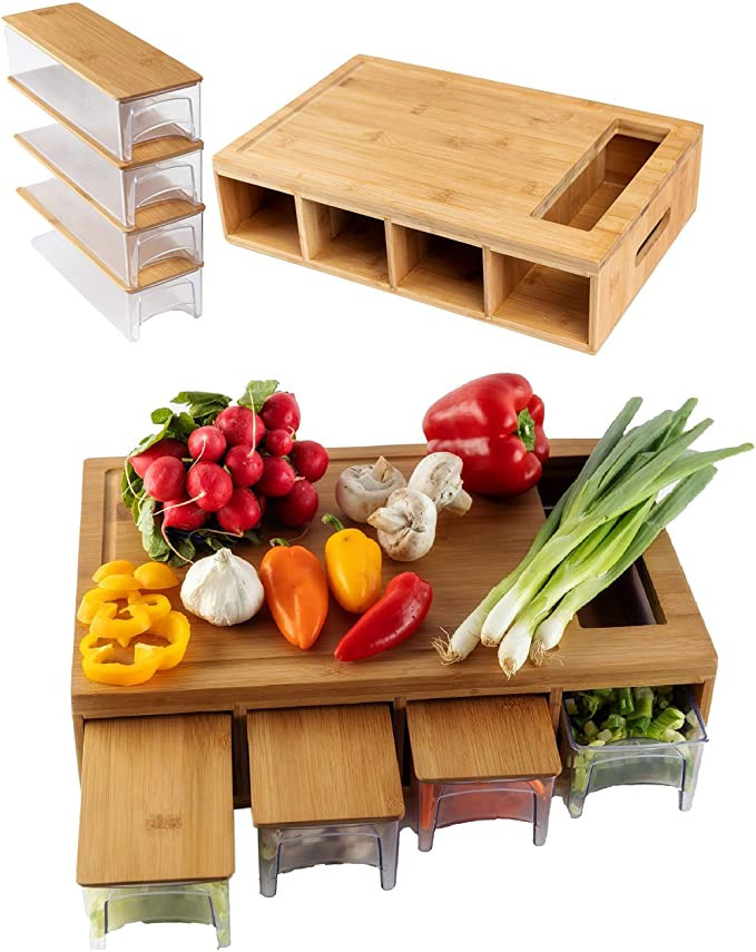 BAMBOO LAND Large bamboo cutting board with 4 trays/drawers/container and bamboo lids, Chopping b... | Amazon (US)