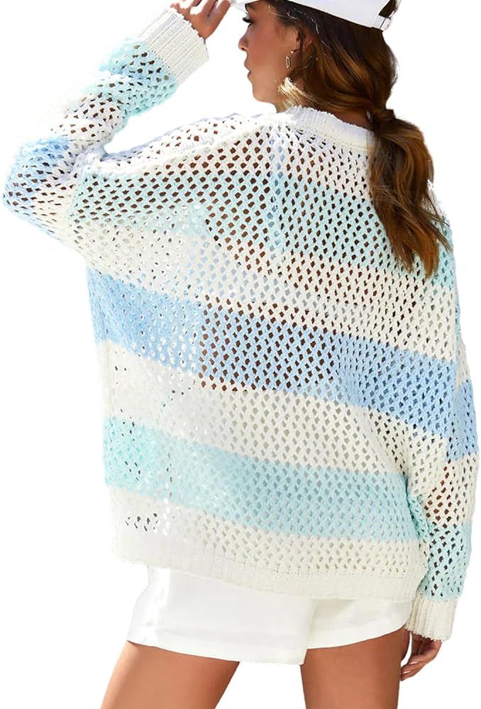 Summer Sweaters for Women, Crochet Sweaters Long Sleeve Crew Neck Swimsuit Beach Cover Up for Wom... | Amazon (US)