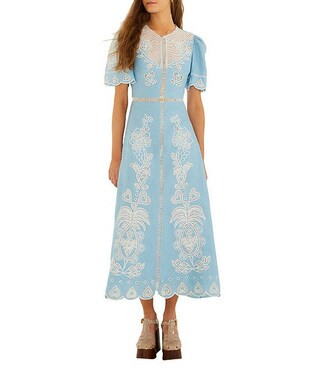 Floral Embroidery Linen Round Neck Short Sleeve Open Back Midi Dress | Dillard's