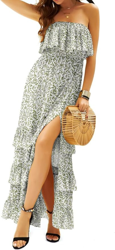 ZMPSIISA Women's Summer Off The Shoulder Maxi Dress Ruffle Strapless Blue White Porcelain Boho Ca... | Amazon (US)