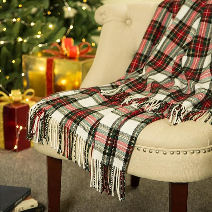 Glitzhome Plaid Throw Blanket Christmas Tartan Throw Blanket Plaid Blanket with Tassels for Bed C... | Amazon (US)
