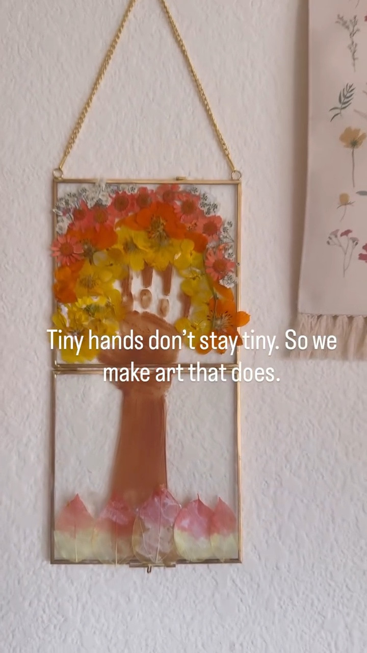 They won’t stay little, but their handprints can 🥹🍁 

A friend asked me what the fall version of the spring and Halloween floral handprint craft was and I told her I thought this would be cute! 

All you need is paint, mod podge, a brush, and pressed flowers.

I linked the frame + flowers on my LTK, but I can DM them too if that’s easier.

#FallCraft #HandprintKeepsake #KidsCrafts #TinyHandsBigMemories #PressedFlowerArt #CreativeMotherhood #SaveThisIdea #CozyFallDays