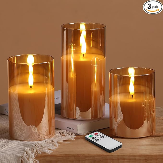 Eywamage Gold Glass Flameless Pillar Candles with Remote, Flickering Fall LED Candles Battery Ope... | Amazon (US)