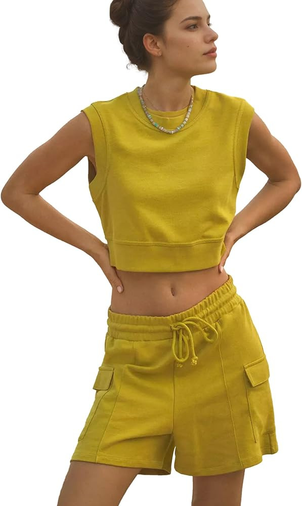 Two Piece Sets for Women Sleeveless Tank Tops Drawstring Shorts with Pockets Vacation Outfits | Amazon (US)