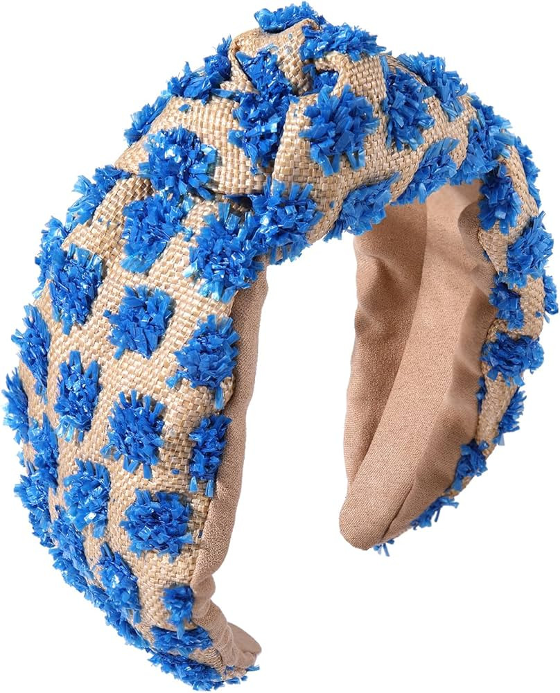 ZITULRY Women's Boho Wide Knotted Rattan Woven Headbands with Pom Pom Hair Hoop - Summer Beach Pa... | Amazon (US)