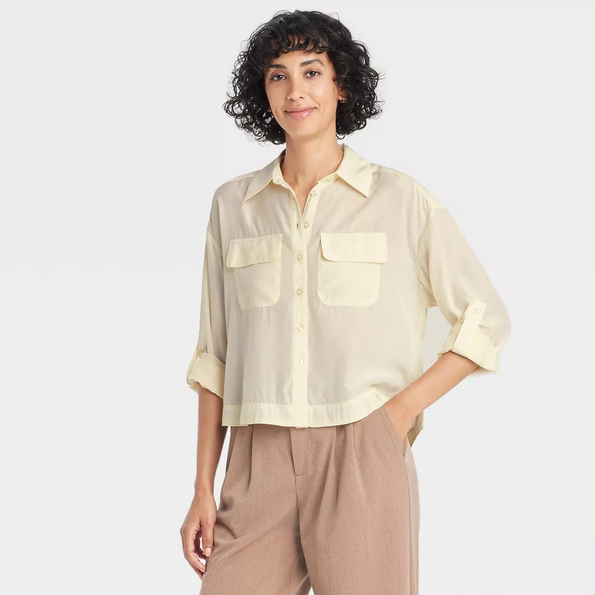 Women's Long Sleeve Button-Down Cropped Utility Shirt - A New Day™ Cream XS | Target