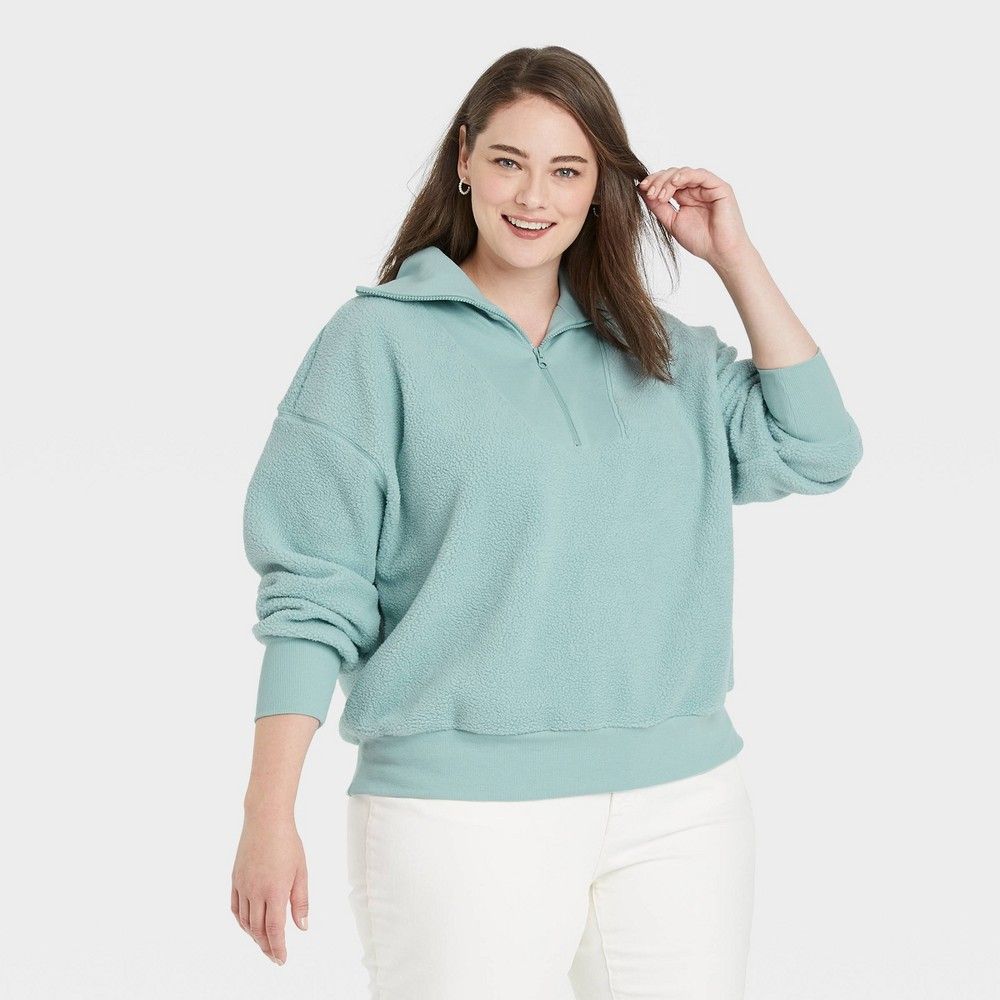 Women's Plus Size Sherpa Quarter Zip Sweatshirt - A New Day Light Blue 3X | Target