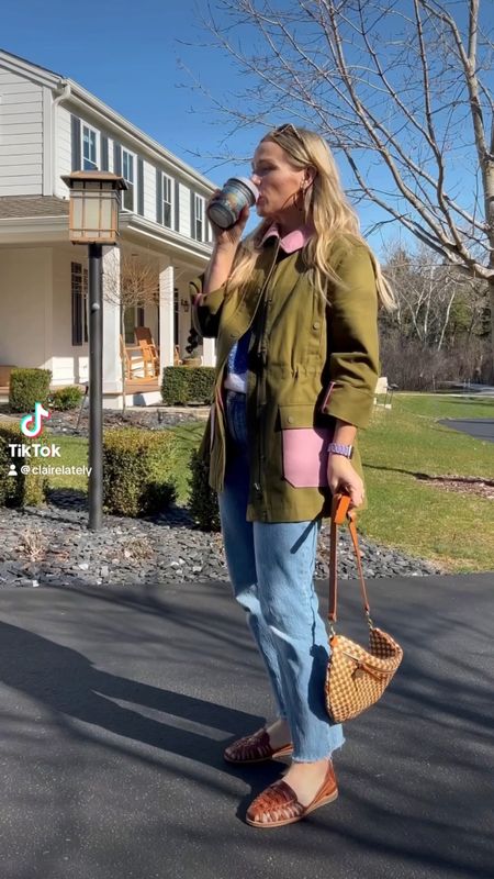 Spring outfit of the day - Boden barn jacket, madewell denim,  graphic tee, nisolo sandals, Clare v bag, JCrew tortoise hoop earrings, Krewe sunglasses • Claire Lately 

#LTKVideo #LTKSeasonal #LTKsalealert