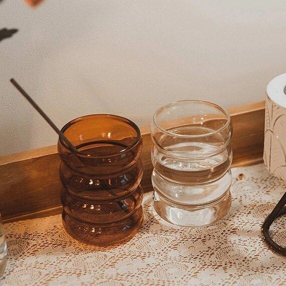 Handmade Glass Cup Mug / Coffee Cocktail Juice Water Glass Mug Ridged Stripe Clear Water Glass Dr... | Etsy (US)