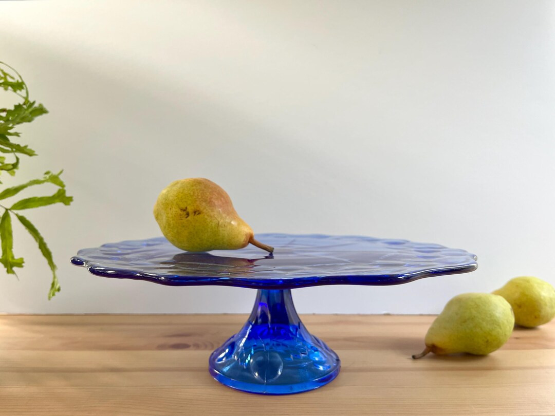 Cobalt Blue Pressed Glass Cake Stand With Cherry and Leaves Pattern 12 Inch Pedestal, Footed Wedd... | Etsy (US)