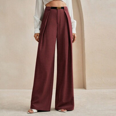 Minimalist Solid Color Discounted Women's Wide Leg Pants In Dark Gray, Suitable For Commuting And Urban Wear | SHEIN