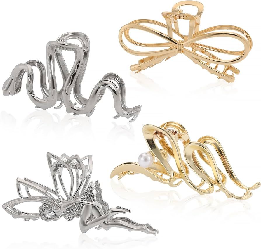 4 Pack Metal Hair Clips, Large Metal Hair Claw Clips, Gold Clips for Thin Hair, Vintage Silver Cl... | Amazon (US)