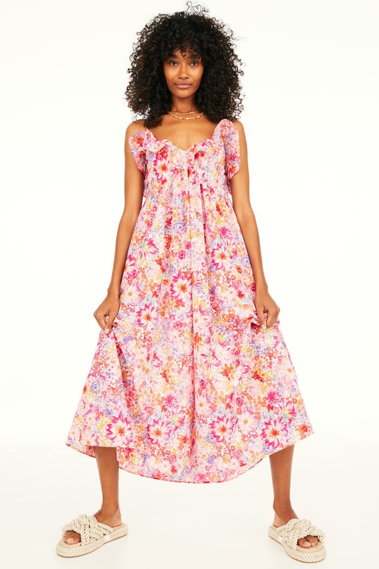 Calf-length dress in a patterned cotton weave. Gentle A-line style with a V-neck at the front and... | H&M (US + CA)